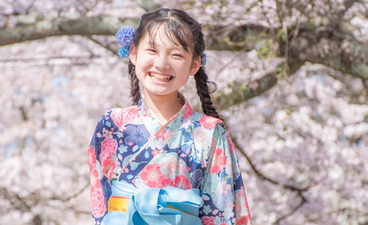 大きな桜の木の前立ち微笑む、青い着物と袴の女の子