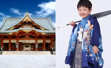 神田天神と着物を着て傘を肩にかけている5歳の男児