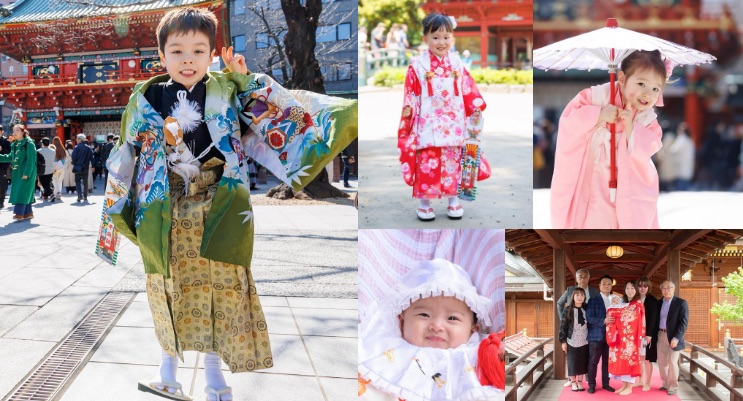 羽織袴の男の子や着物姿の女の子の七五三、祝い着に包まれたお宮参りの赤ちゃんとご家族の写真